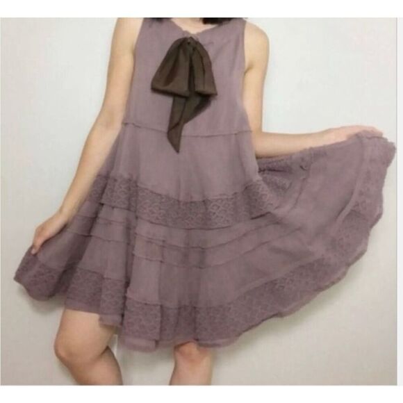 Anthropologie Zehavale Flounced Tiered Boho Gatsby Lace Mini Dress Purple Mink s - Picture 7 of 7